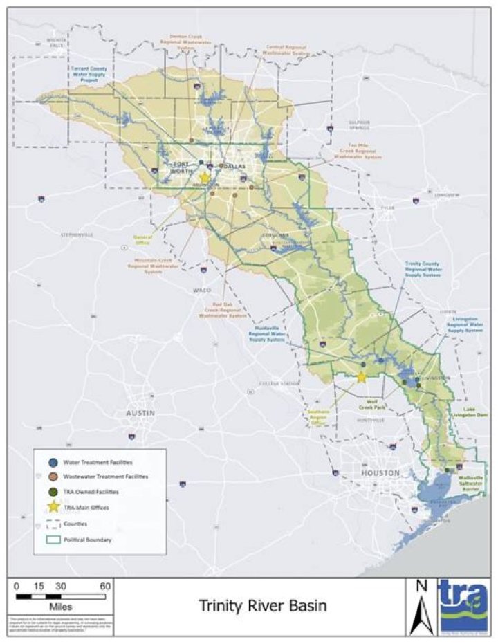 Where does the Trinity River basin start and end?